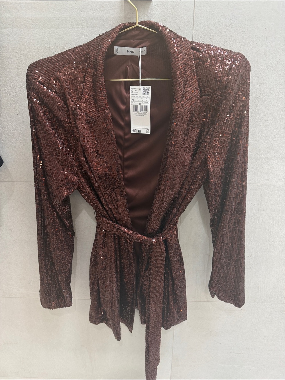 Mango Sequin Belted Blazer in Deep Burgundy